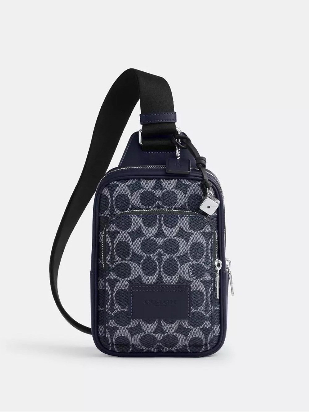 NWT Coach men Racer Sling Pack Signature Canvas Charms CEB27 Silver Denim Chalk